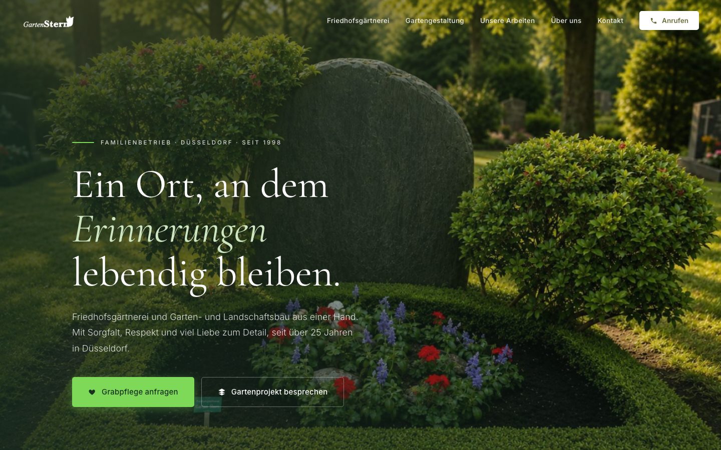 Neue Website von GartenStern mit großem Bild und klaren Anfrage-Buttons