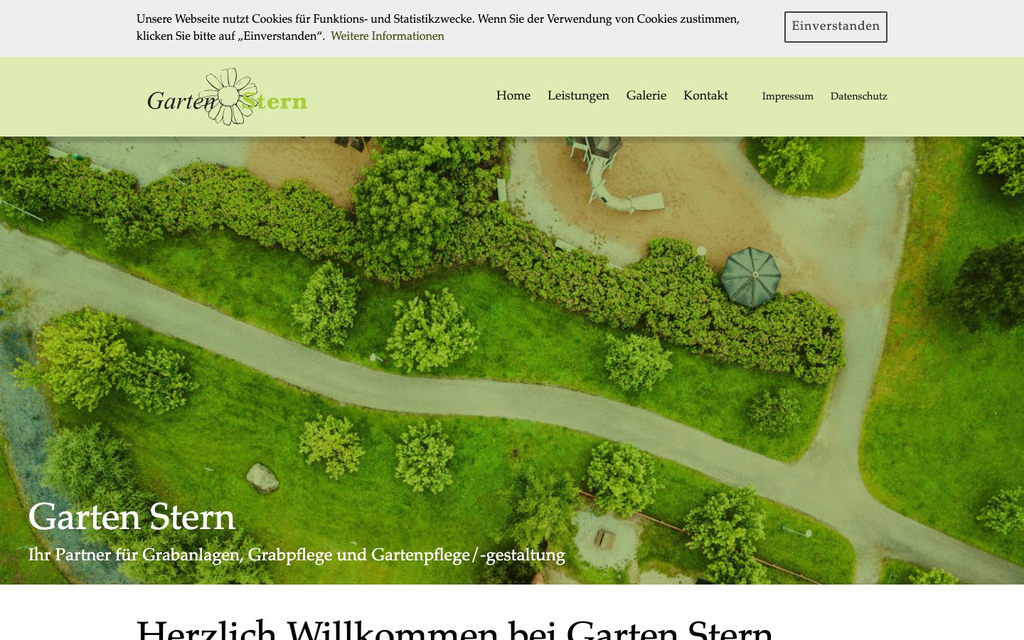 Alte Website von GartenStern mit Cookie-Banner und hellgrünem Kopfbereich